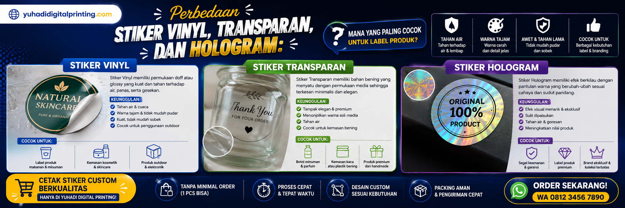 Perbedaan Stiker Vinyl, Transparan, dan Hologram: Mana yang Paling Cocok untuk Label Produk?