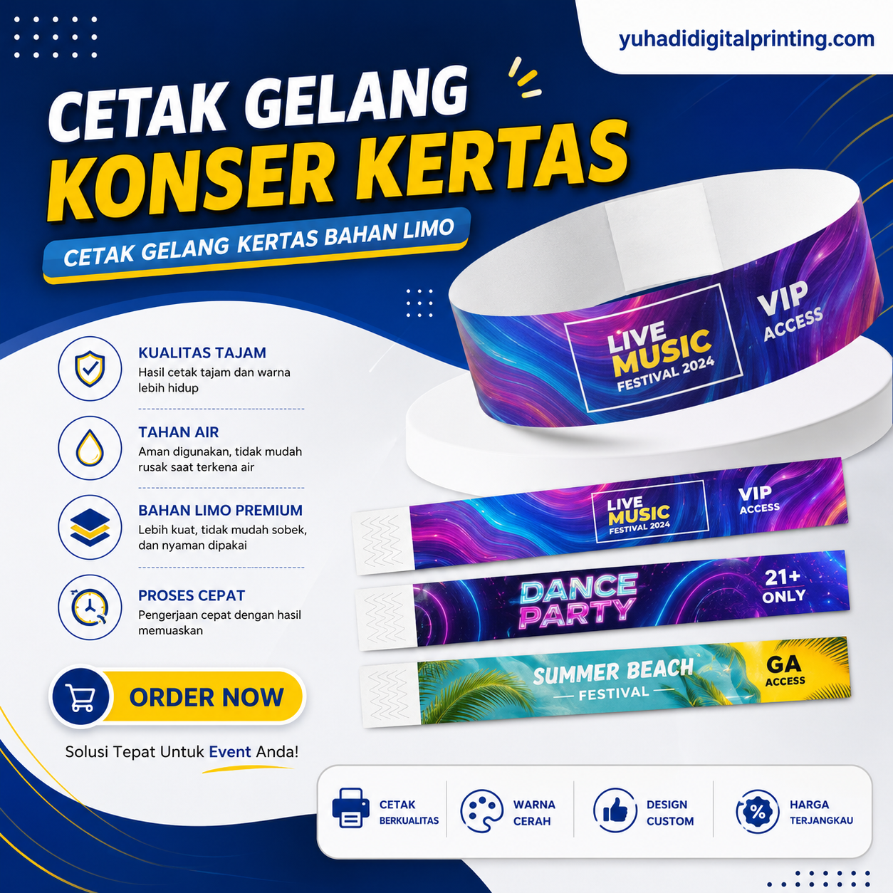 Cetak Gelang Kertas Bahan LMO (Anti Sobek) / Gelang Konser / Gelang Tiket / Wristband