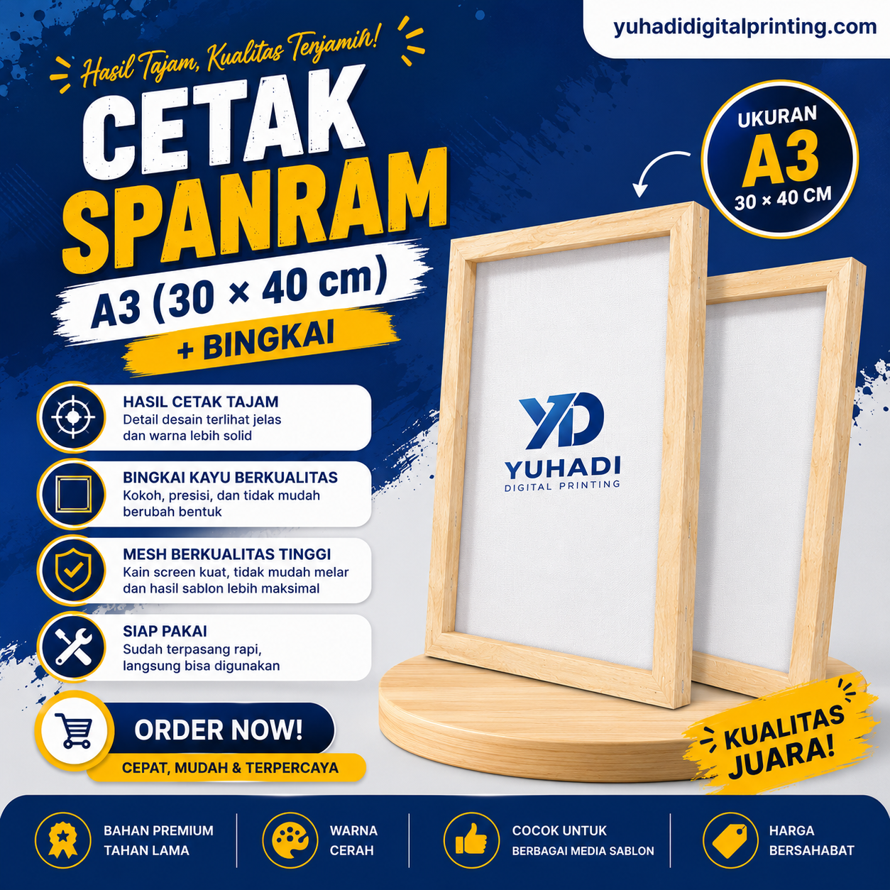 Cetak Spanram Ukuran A3 (30x40cm) - Termasuk Bingkai