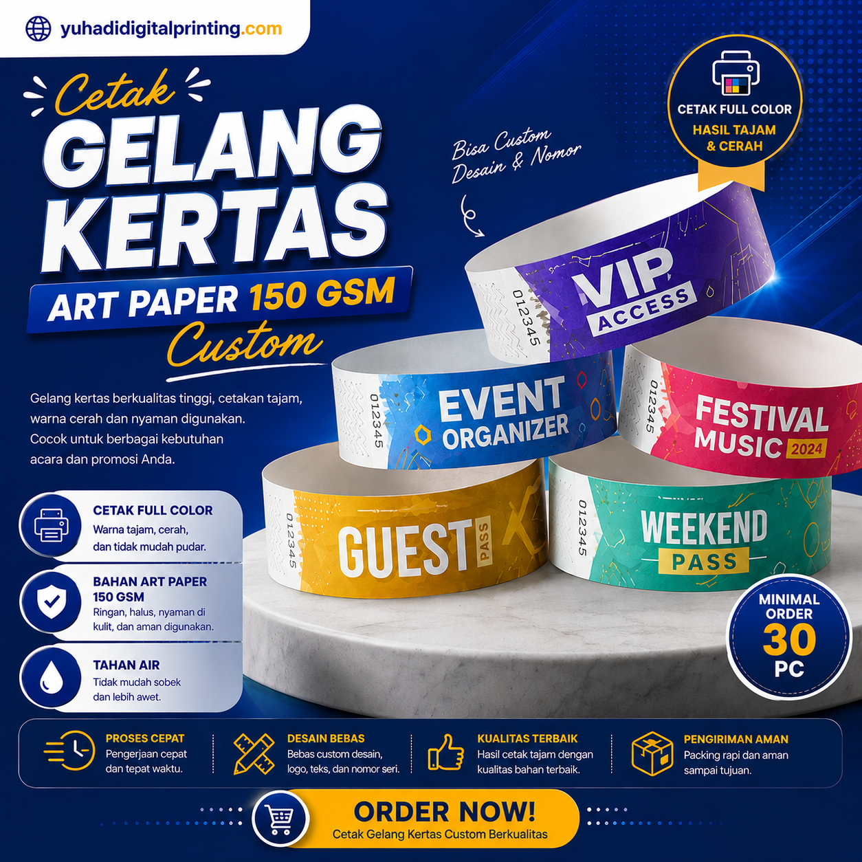 Cetak Gelang Kertas Art Paper / Gelang Konser / Gelang Tiket /  Wristband