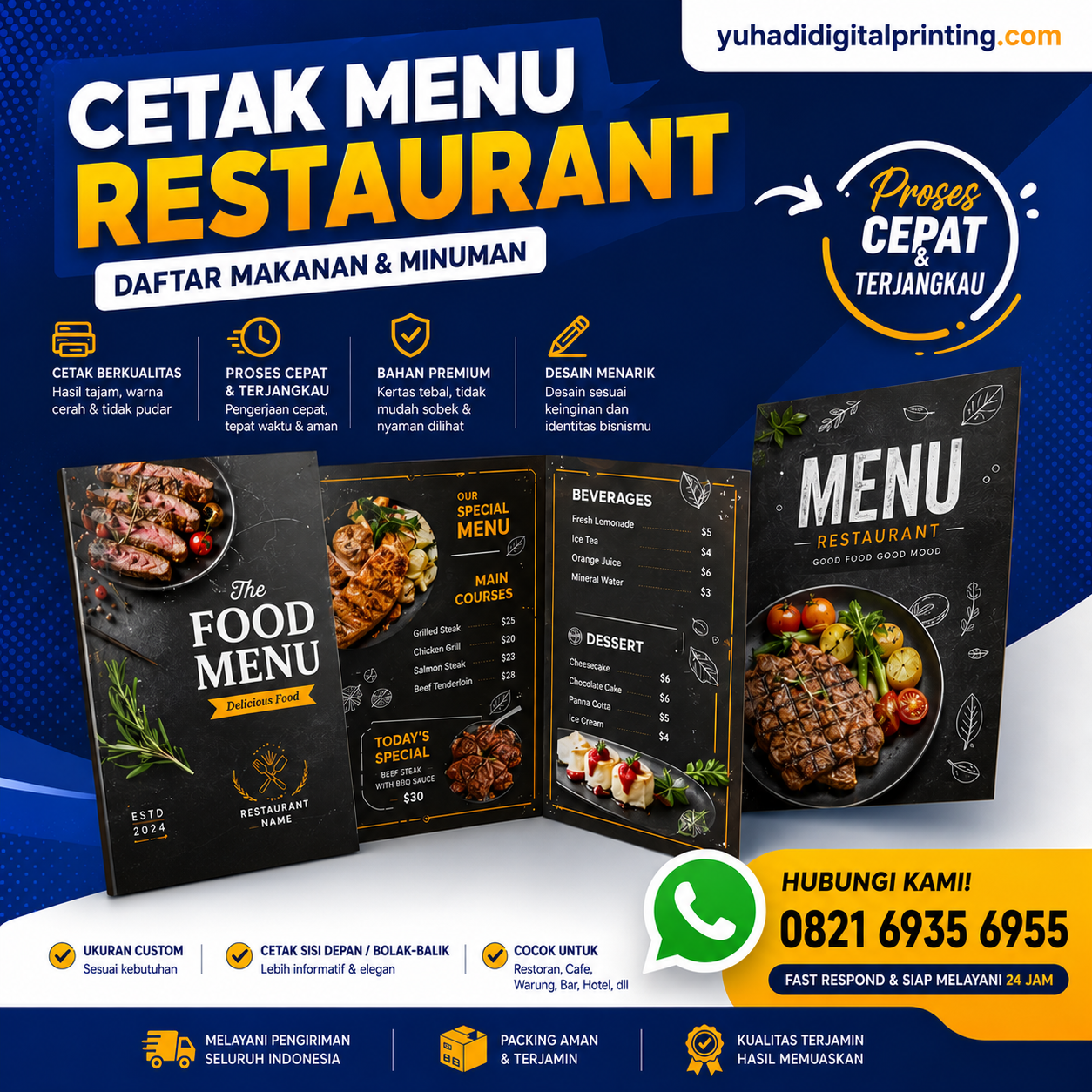 Cetak Menu Makanan & Minuman Ukuran A4/A3, 1 Sisi / 2 Sisi