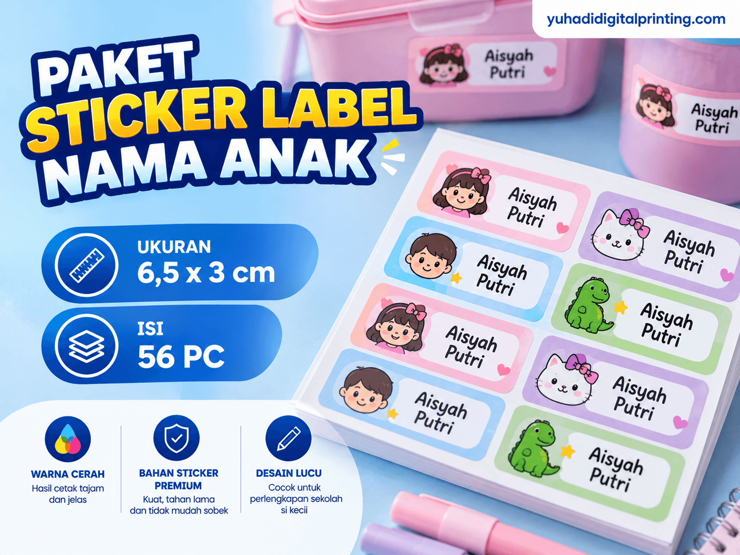 Paket Sticker Label Nama Anak ukuran 6,5 × 3 cm isi 56 pcs